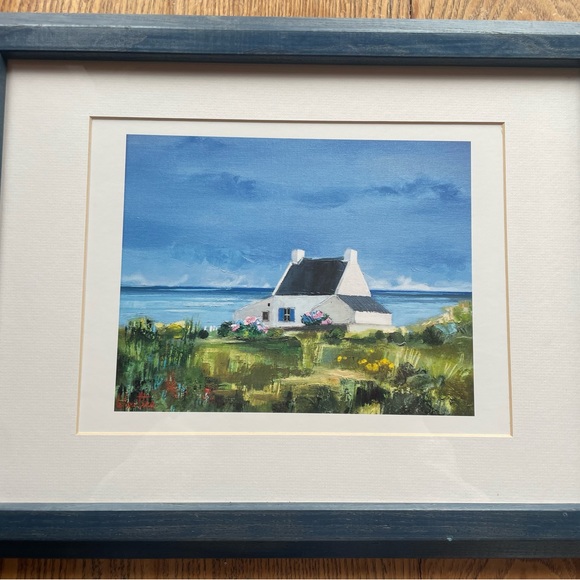 Unique Cottage by the Sea Scene Print Blue Frame19” 14” - Picture 2 of 7